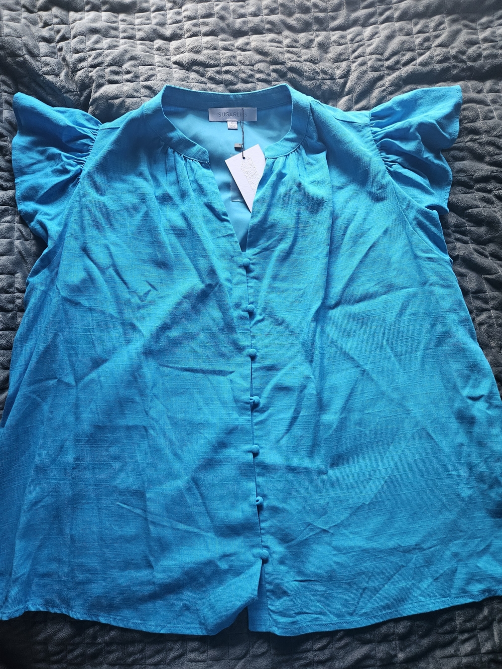 Sugarlips Teal Flutter-Sleeve Button Front Blouse